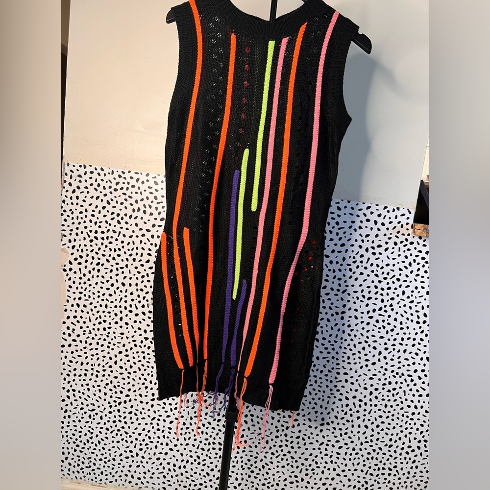Knit Short Sleeve Black Dress with Striped Neon Colorblocks